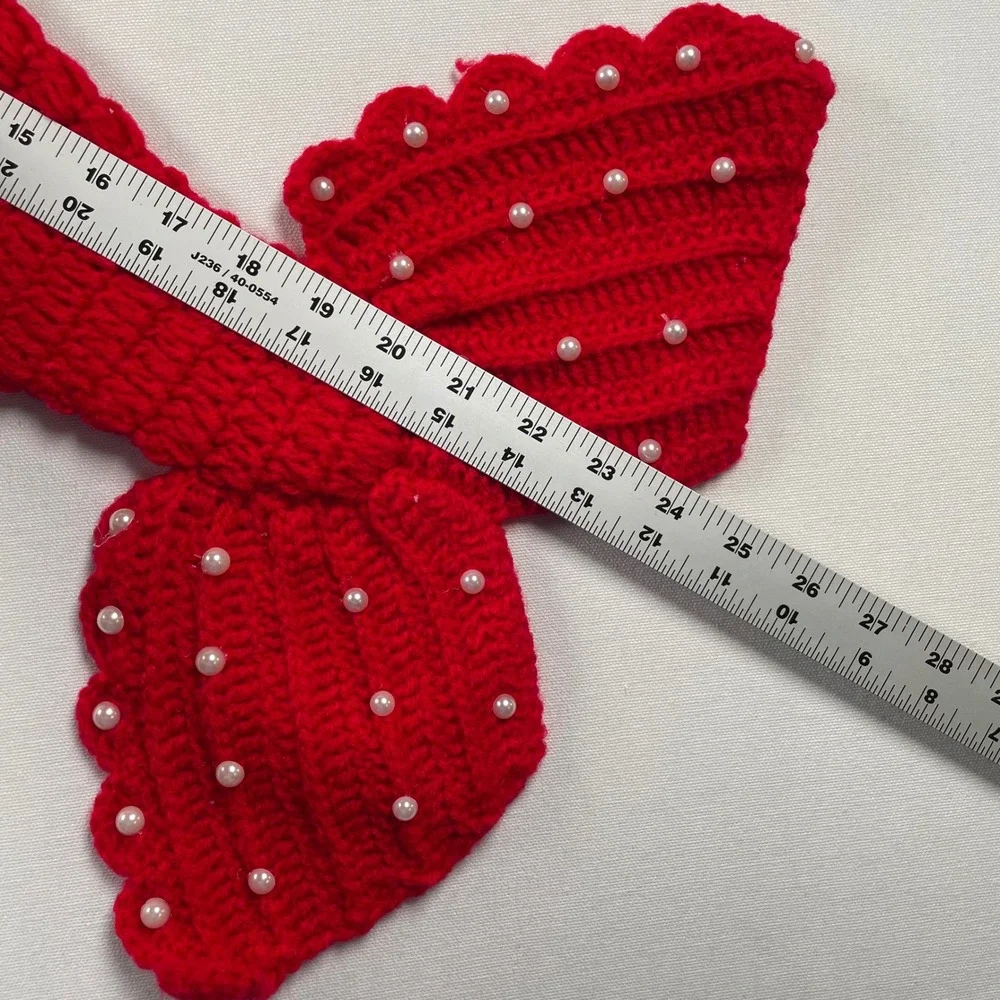 Handmade Baby Red Crochet Mermaid Tail Blanket Faux Pearl Accents Cozy Knit Fin